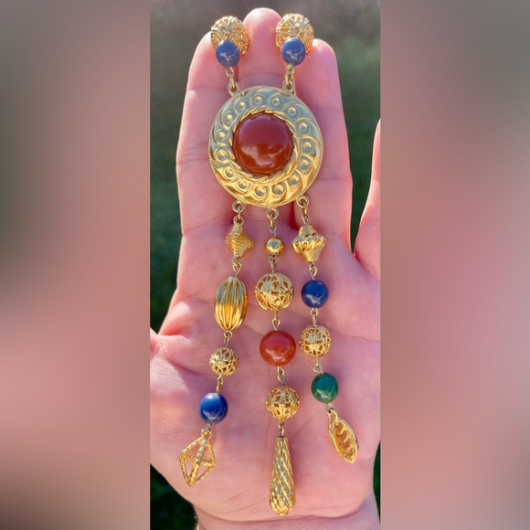 Alfred SUNG vintage gold plated long necklace with semi precious stones. - Picture 4 of 8